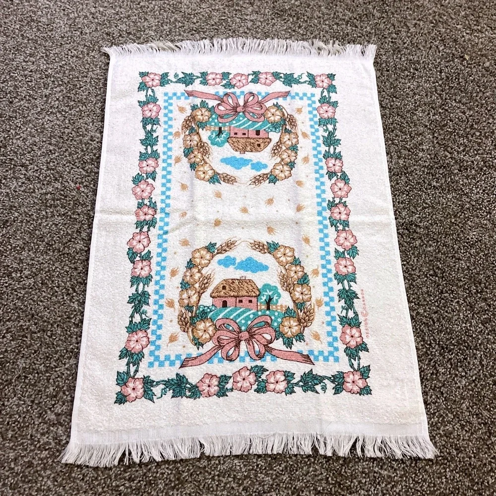 VTG‎ CANNON Hand Kitchen Towel Fringe 70s NOS Farmhouse Barn Flower Bow Wheat